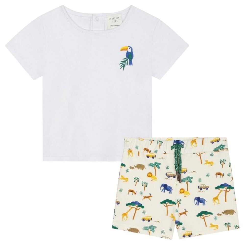 Carrement Beau Baby Boys Safari T-Shirt & Shorts Set / White/Off White Print